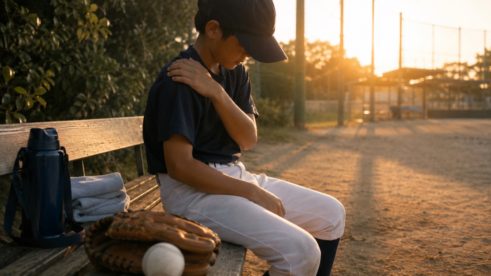 少年野球の試合後、ベンチのそばで肩をケアする投手の様子。夕方のやわらかい光