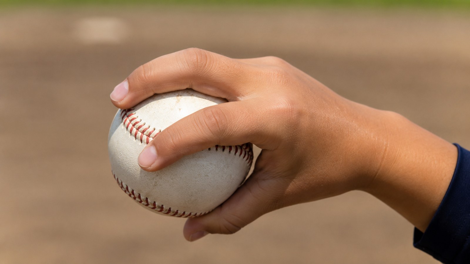 少年野球のピッチャーが野球ボールを握った手元のクローズアップ。短く整えられた爪の指先が、ボールの赤い縫い目にかかっている様子。背景はぼかしたグラウンド